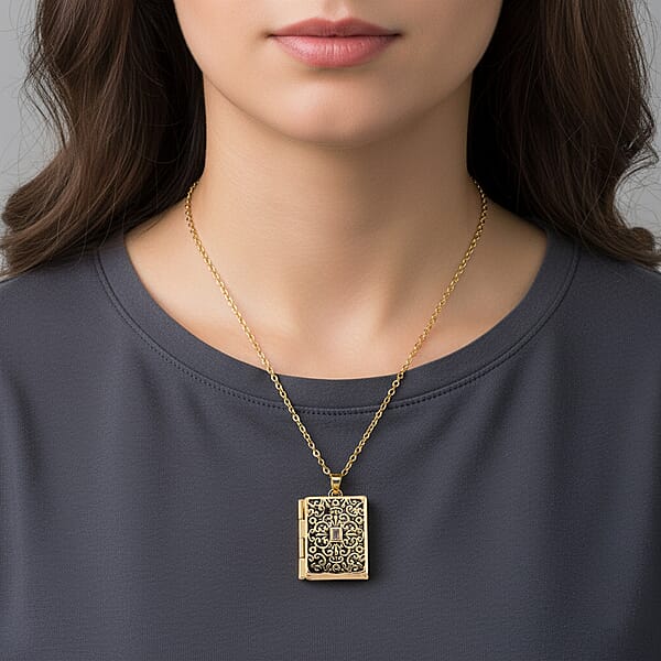 Vintage Book Pendant Necklace In ION Plated YG Stainless Steel 20-22 Inches