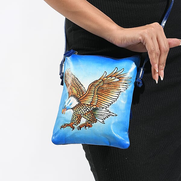 Vivid By Sukriti Blue Eagle Pattern Hand Painted Genuine Leather Crossbody Bag