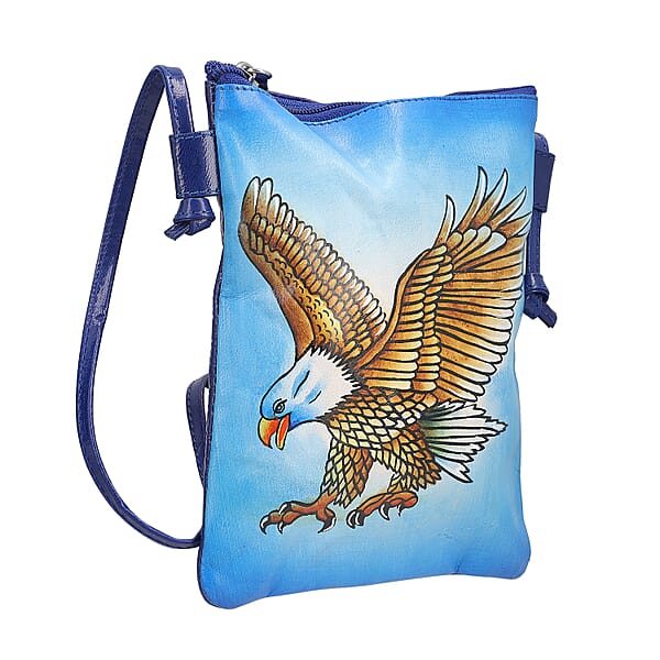 Vivid By Sukriti Blue Eagle Pattern Hand Painted Genuine Leather Crossbody Bag