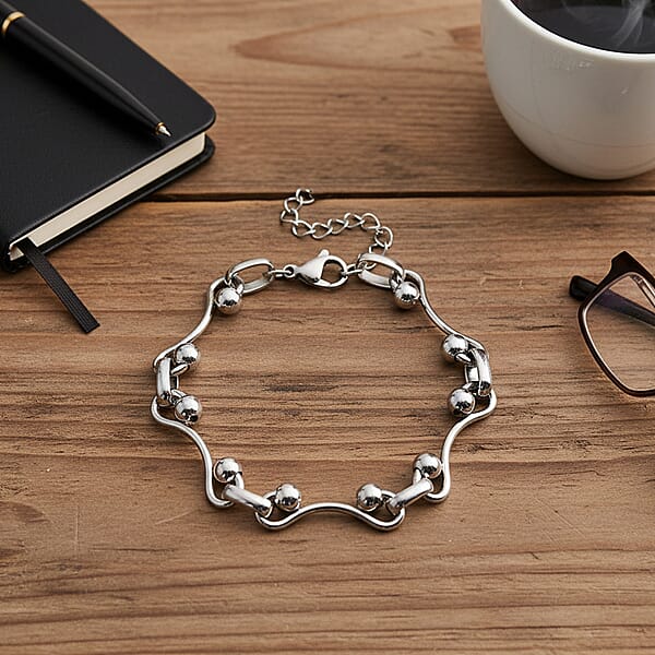 Wave Bead Link Chain Bracelet In Stainless Steel (7.50-9.0In)