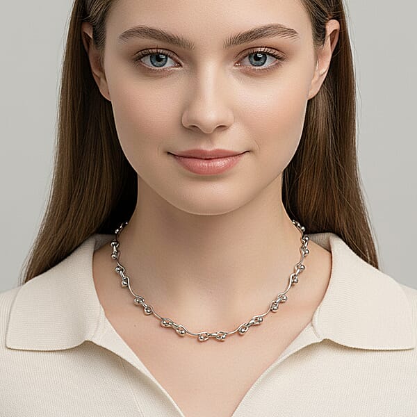 Wave Bead Link Chain Necklace In Stainless Steel 20-22 Inches