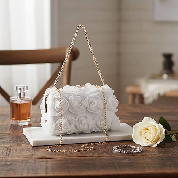 White 3D Flower Crystal Evening Clutch Bag With Shoulder Chain Strap