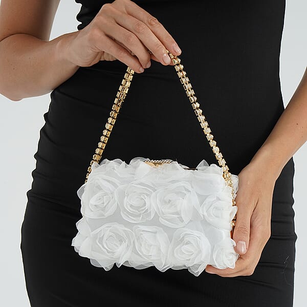 White 3D Flower Crystal Evening Clutch Bag With Shoulder Chain Strap