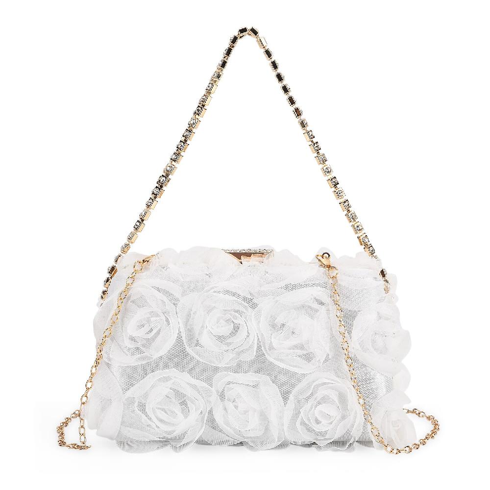 White 3D Flower Crystal Evening Clutch Bag With Shoulder Chain Strap
