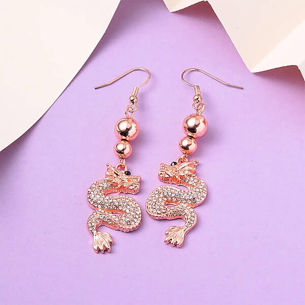 White And Black Austrian Crystal Dragon Earrings In Rosetone