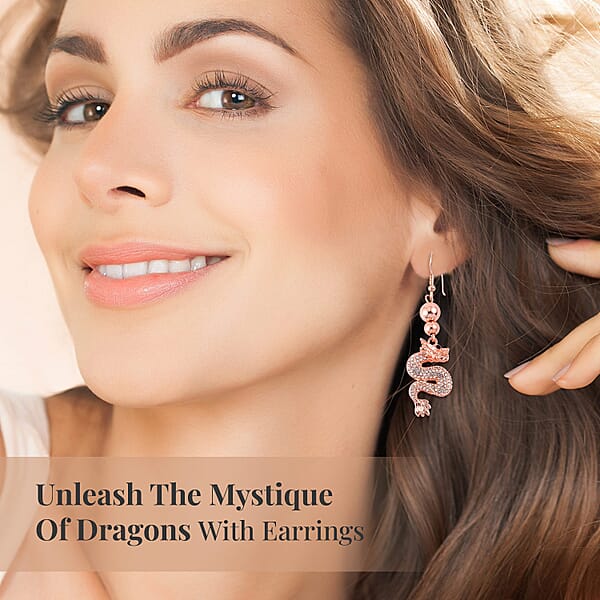 White And Black Austrian Crystal Dragon Earrings In Rosetone