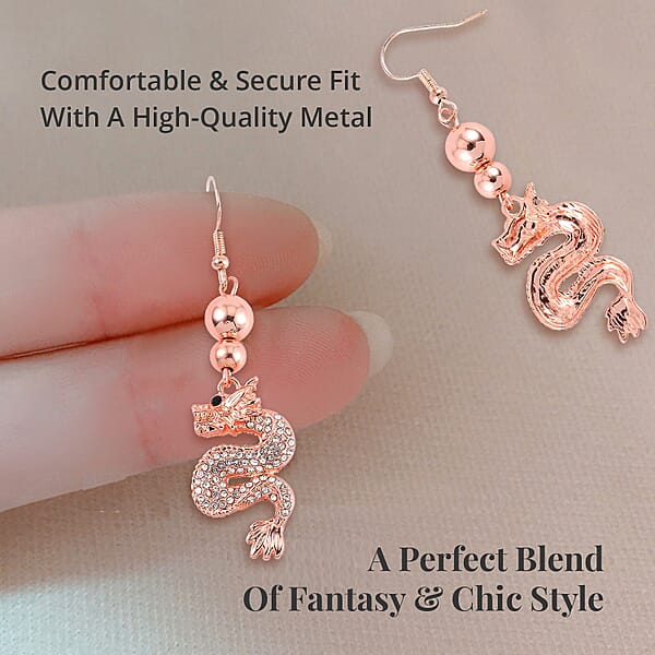 White And Black Austrian Crystal Dragon Earrings In Rosetone