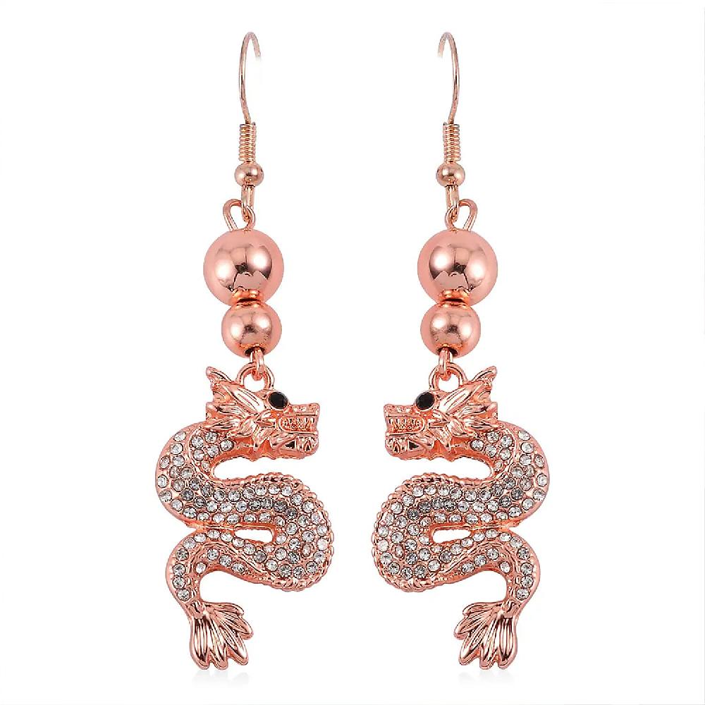 White and Black Austrian Crystal Dragon Earrings in Rosetone