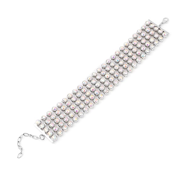 White Aurora Borealis Austrian Crystal Carpet Bracelet In Silvertone (7.50 In)