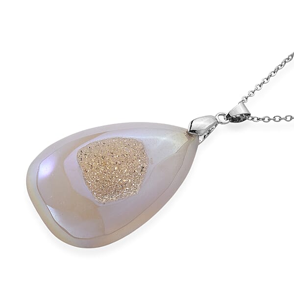 White Aurora Borealis Color Druzy Quartz 70.00 Ctw Pendant In Silvertone With Stainless Steel Necklace 20-22 Inches