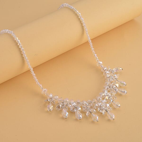 White Aurora Borealis Glass Beaded Sparkle Necklace In Silvertone 18-20 Inches