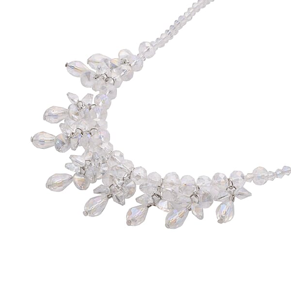 White Aurora Borealis Glass Beaded Sparkle Necklace In Silvertone 18-20 Inches