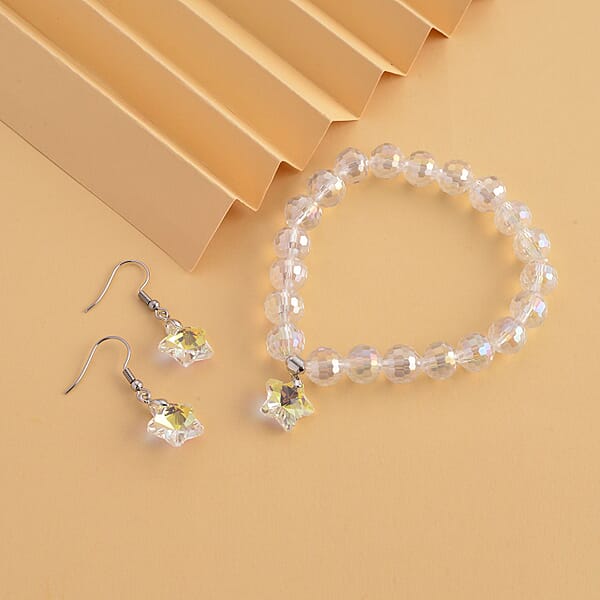 White Aurora Borealis Glass Beaded Star Charm Bracelet (6.50In) And Drop Earrings In Silvertone And Stainless Steel Tarnish-Free Waterproof Sweat Proof Jewelry