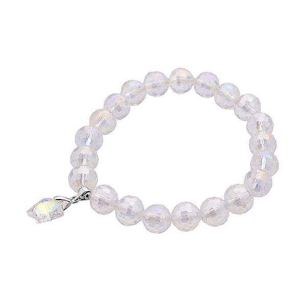 White Aurora Borealis Glass Beaded Star Charm Bracelet (6.50In) And Drop Earrings In Silvertone And Stainless Steel Tarnish-Free Waterproof Sweat Proof Jewelry