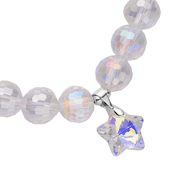 White Aurora Borealis Glass Beaded Star Charm Bracelet (6.50In) And Drop Earrings In Silvertone And Stainless Steel Tarnish-Free Waterproof Sweat Proof Jewelry