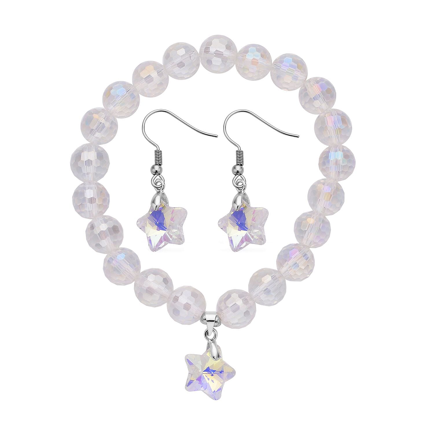 White Aurora Borealis Glass Beaded Star Charm Bracelet (6.50In) and Drop Earrings in Silvertone and Stainless Steel Tarnish-Free Waterproof Sweat Proof Jewelry