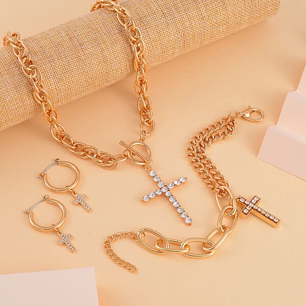 White Austrian Crystal Cross Necklace 20 Inches And Bracelet (8.50-9.00In) And Earrings In Goldtone