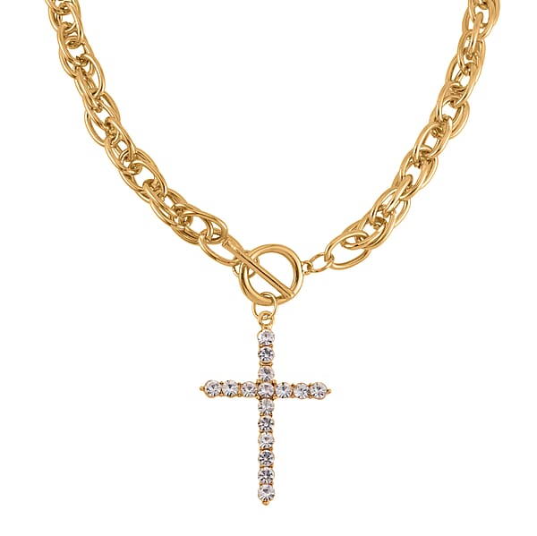 White Austrian Crystal Cross Necklace 20 Inches And Bracelet (8.50-9.00In) And Earrings In Goldtone