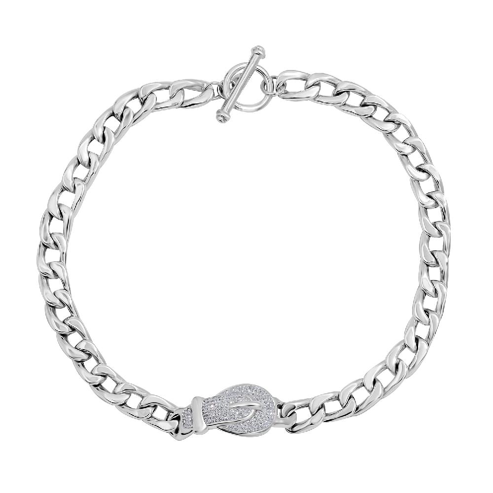 White Austrian Crystal Curb Chain Buckle Necklace in Sterling Silver 20 Inches