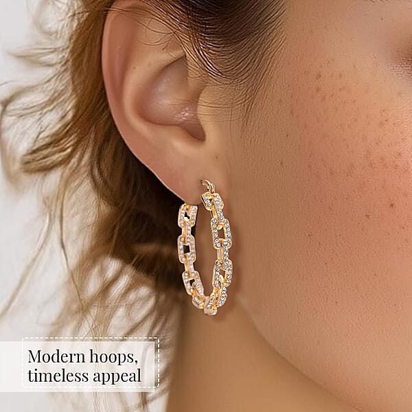 White Austrian Crystal Paper Clip Chain Hoop Earrings In Goldtone