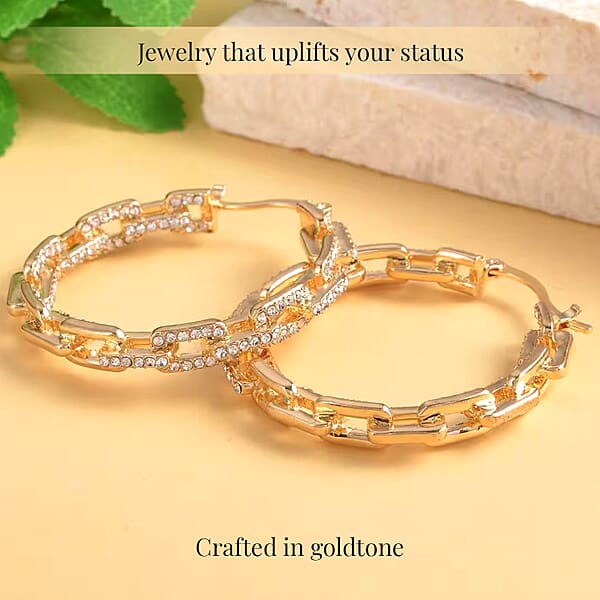 White Austrian Crystal Paper Clip Chain Hoop Earrings In Goldtone