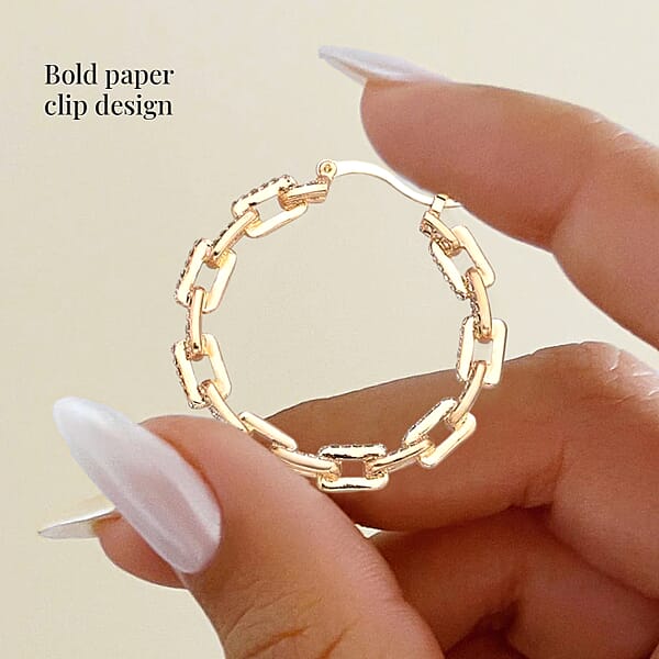 White Austrian Crystal Paper Clip Chain Hoop Earrings In Goldtone