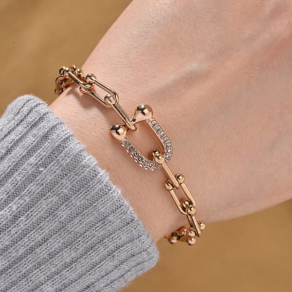 White Austrian Crystal U Link Horseshoe Bracelet In ION Plated RG Stainless Steel (7.5-9.5In)