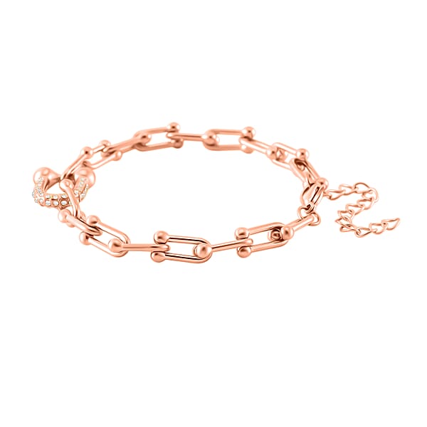 White Austrian Crystal U Link Horseshoe Bracelet In ION Plated RG Stainless Steel (7.5-9.5In)