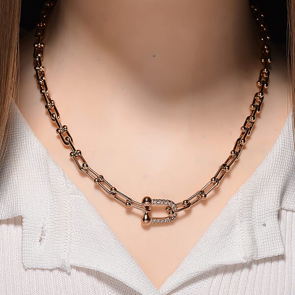 White Austrian Crystal U Link Horseshoe Necklace 18-20 Inches In ION Plated RG Stainless Steel