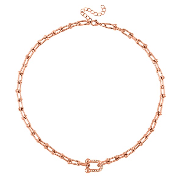 White Austrian Crystal U Link Horseshoe Necklace 18-20 Inches In ION Plated RG Stainless Steel