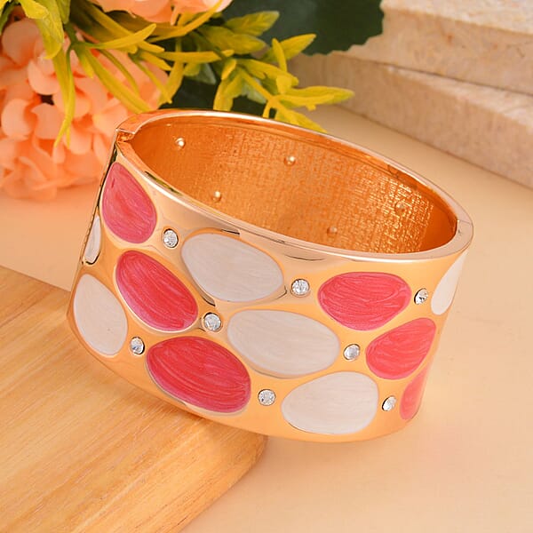 White Austrian Crystal White And Rose Red Color Enameled Bangle Bracelet In Goldtone (7.00 In)