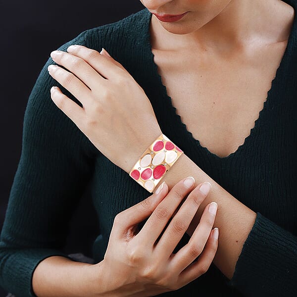 White Austrian Crystal White And Rose Red Color Enameled Bangle Bracelet In Goldtone (7.00 In)