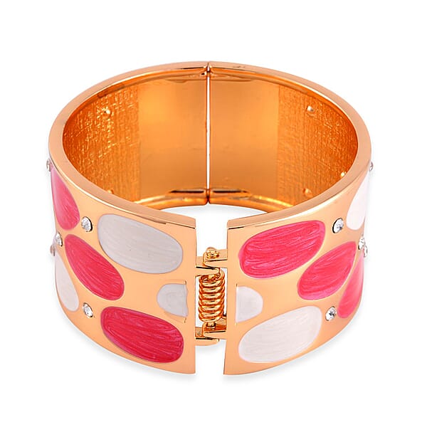 White Austrian Crystal White And Rose Red Color Enameled Bangle Bracelet In Goldtone (7.00 In)