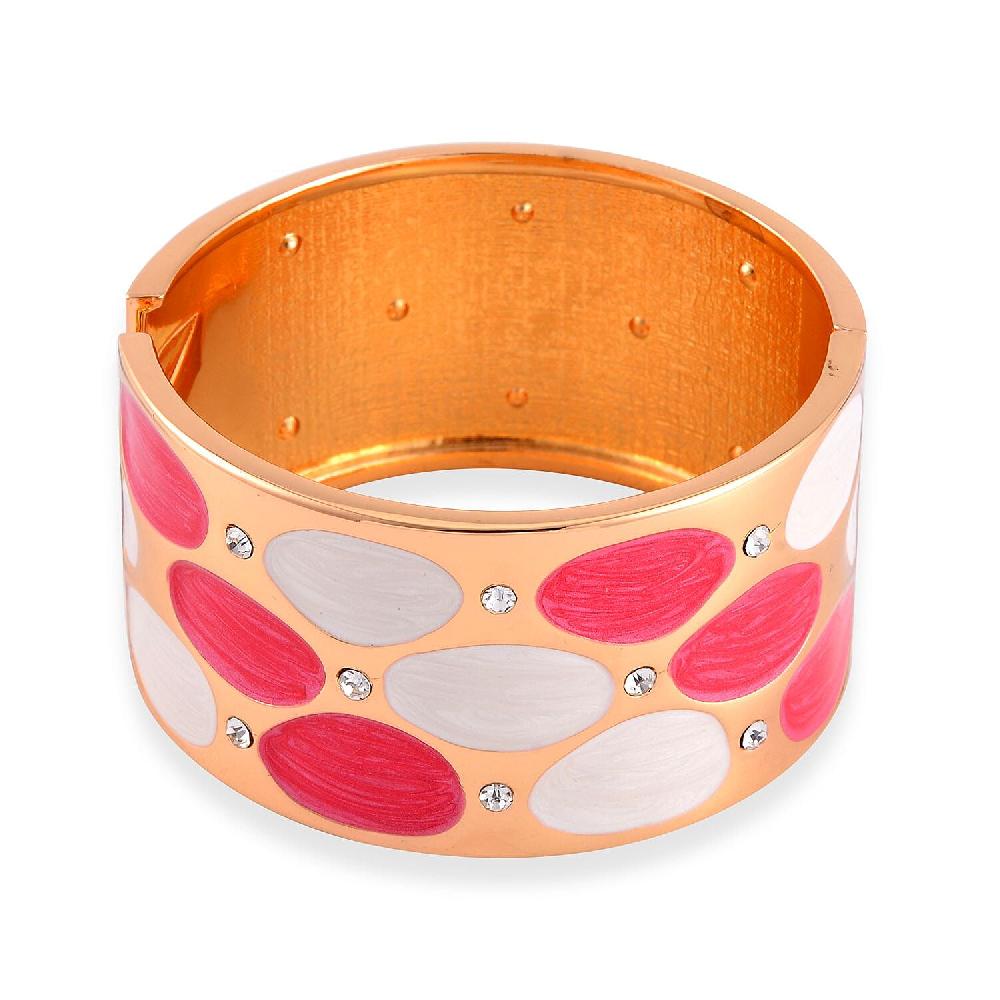 White Austrian Crystal White and Rose Red Color Enameled Bangle Bracelet in Goldtone (7.00 In)