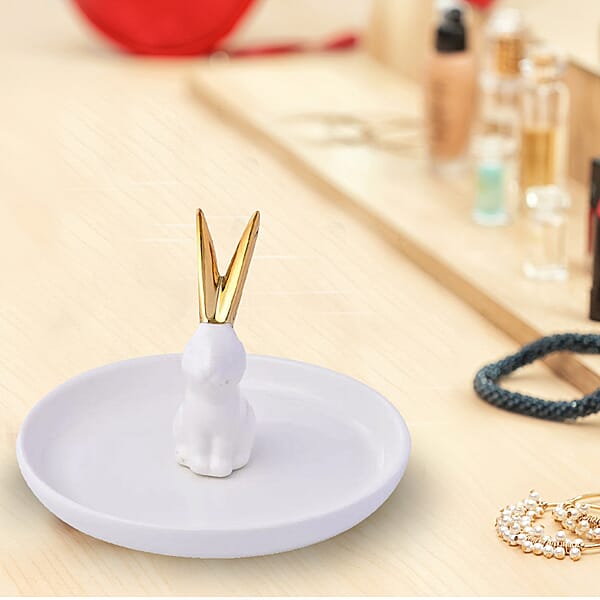 White Body With Gold Ear Bunny Design Ceramic Jewelry Holder