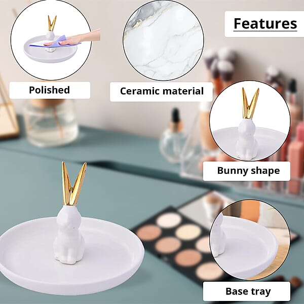 White Body With Gold Ear Bunny Design Ceramic Jewelry Holder