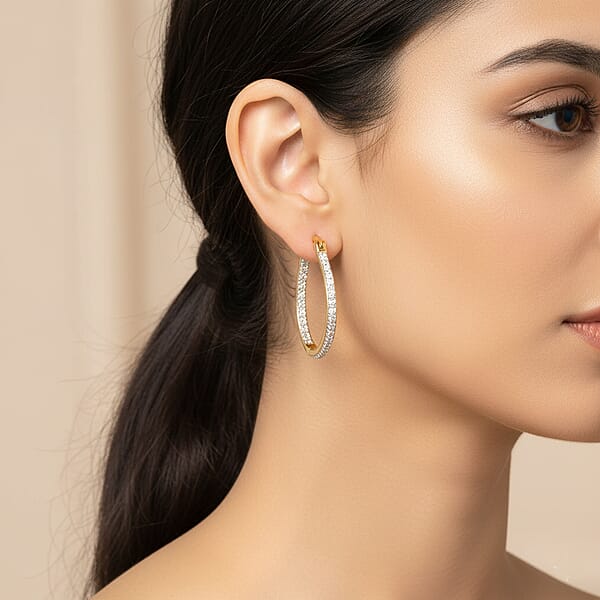 White Diamond Hoop Earrings In 14K YG Over Sterling Silver 0.05 Ctw