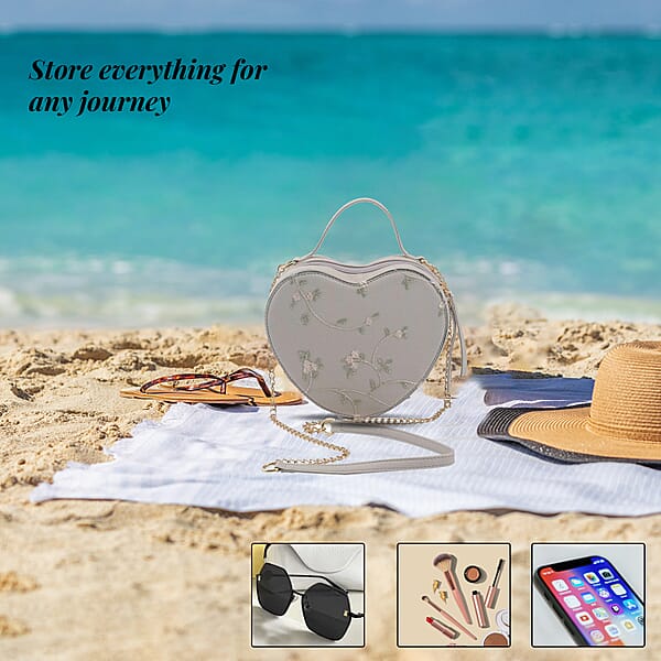 White Floral Pattern Faux Leather Heart Shape Embroidery Crossbody Bag For Women Crossbody Purse Designer Crossbody Shoulder Handbags