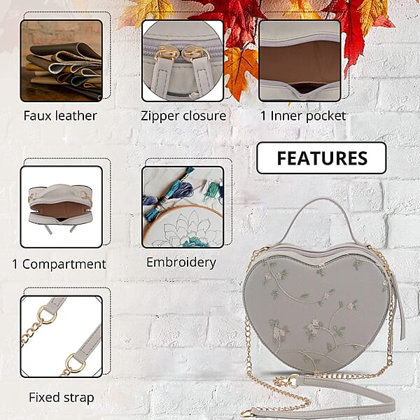 White Floral Pattern Faux Leather Heart Shape Embroidery Crossbody Bag For Women Crossbody Purse Designer Crossbody Shoulder Handbags