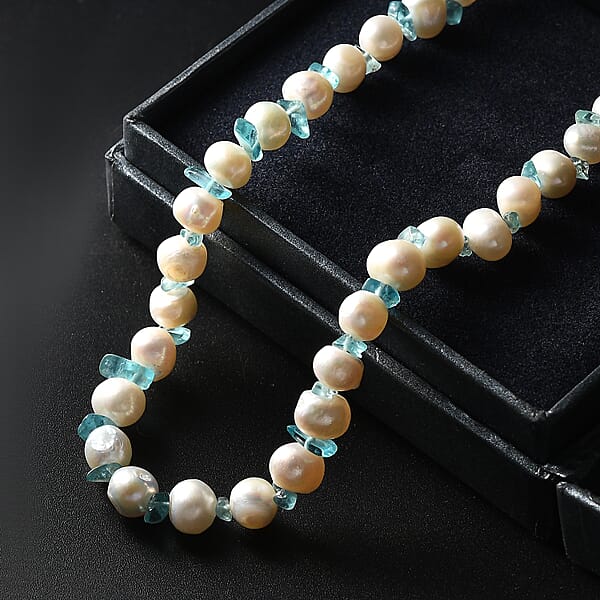 White Fresh Water Pearl And Betroka Blue Apatite 25.00 Ctw Necklace In Rhodium Over Sterling Silver 18 Inches