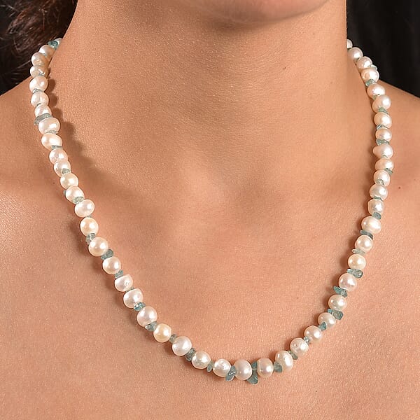 White Fresh Water Pearl And Betroka Blue Apatite 25.00 Ctw Necklace In Rhodium Over Sterling Silver 18 Inches