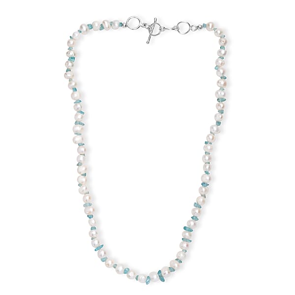 White Fresh Water Pearl And Betroka Blue Apatite 25.00 Ctw Necklace In Rhodium Over Sterling Silver 18 Inches