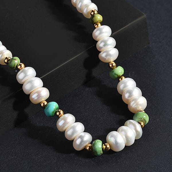 White Fresh Water Pearl And Sonoran Gold Turquoise 17.00 Ctw Necklace In 18K Vermeil Yellow Gold Over Sterling Silver 18 Inches