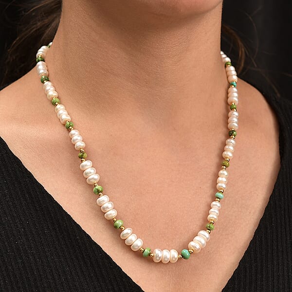 White Fresh Water Pearl And Sonoran Gold Turquoise 17.00 Ctw Necklace In 18K Vermeil Yellow Gold Over Sterling Silver 18 Inches