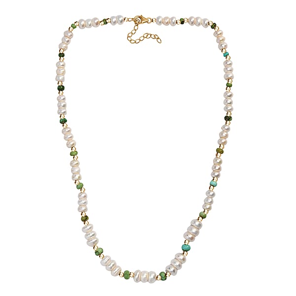 White Fresh Water Pearl And Sonoran Gold Turquoise 17.00 Ctw Necklace In 18K Vermeil Yellow Gold Over Sterling Silver 18 Inches