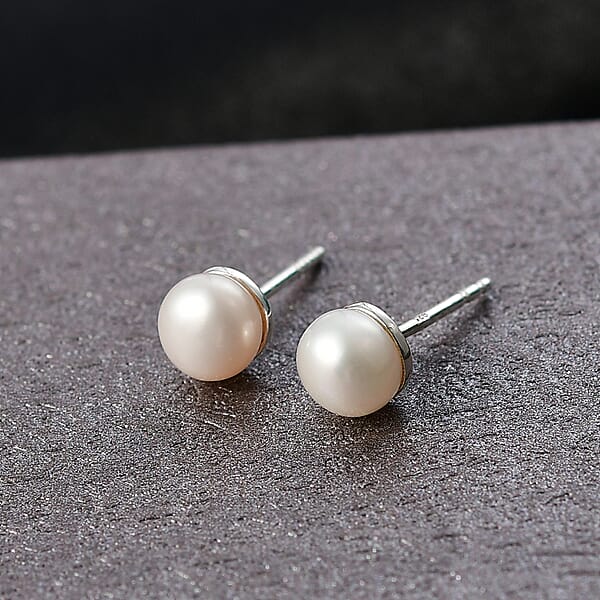 White Fresh Water Pearl Earrings In Sterling Silver