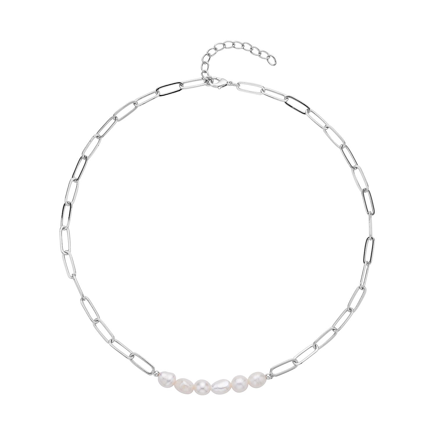 White Freshwater Pearl 7-9mm Paper Clip Chain Necklace in Silvertone 18-20Inches