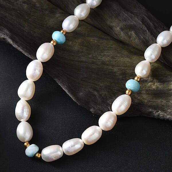 White Freshwater Pearl And Larimar 10.00 Ctw Necklace In 18K Vermeil Yellow Gold Over Sterling Silver 18 Inches