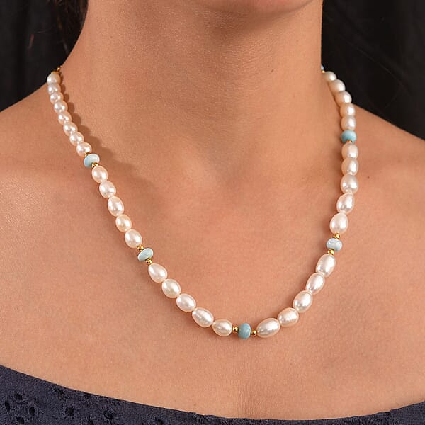 White Freshwater Pearl And Larimar 10.00 Ctw Necklace In 18K Vermeil Yellow Gold Over Sterling Silver 18 Inches