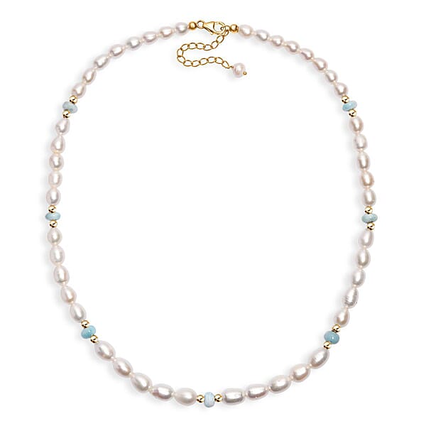 White Freshwater Pearl And Larimar 10.00 Ctw Necklace In 18K Vermeil Yellow Gold Over Sterling Silver 18 Inches